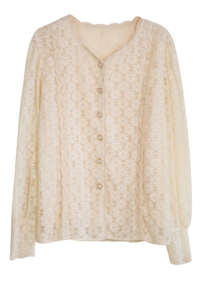 Apricot V Neck Button Patchwork Lace Top Fall