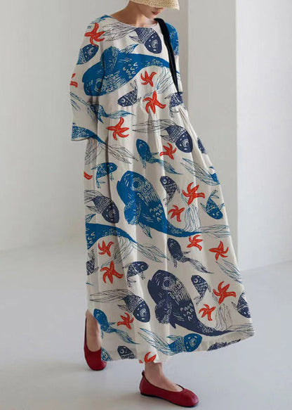 Italian Purple O-neck Print Pockets Party Maxi Dress Bracelet Sleeve