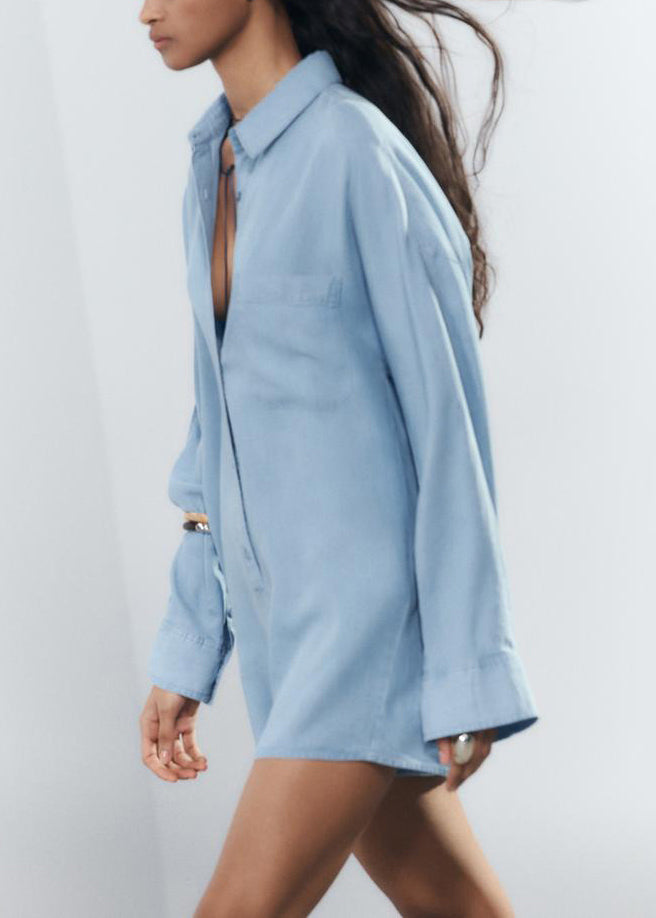 Loose Blue Peter Pan Collar Button Denim Jumpsuit Spring