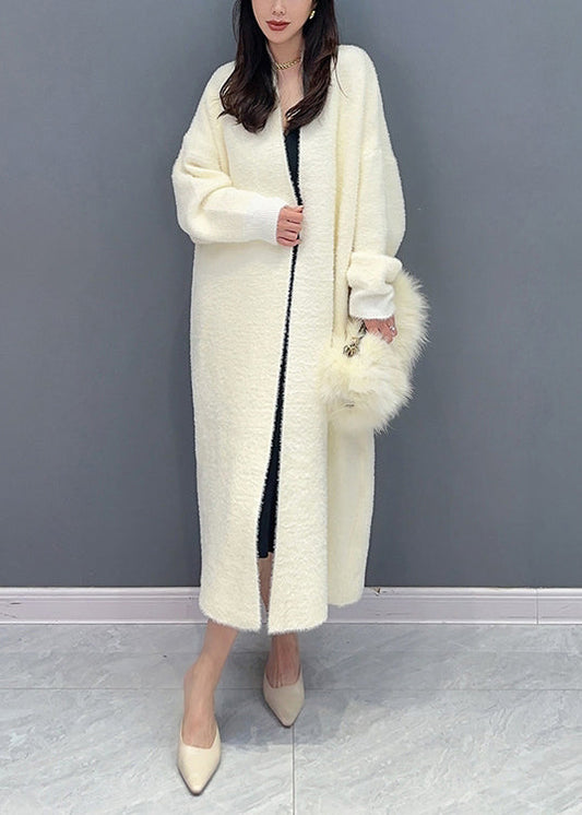 Beige V Neck Patchwork Mink Hair Knitted Loose Cardigan Fall