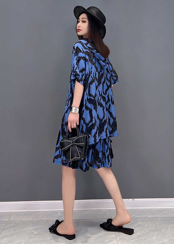 Blue Print Tops and Shorts Two Piece Suit Set Asymmetrical Side Open Summer