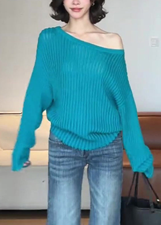 Blue One Shoulder Striped Hollow Out Cotton Knit Sweater Fall