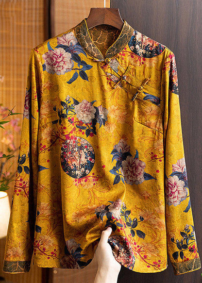 Oriental Yellow Stand Collar Button Silk Shirt Tops Long Sleeve