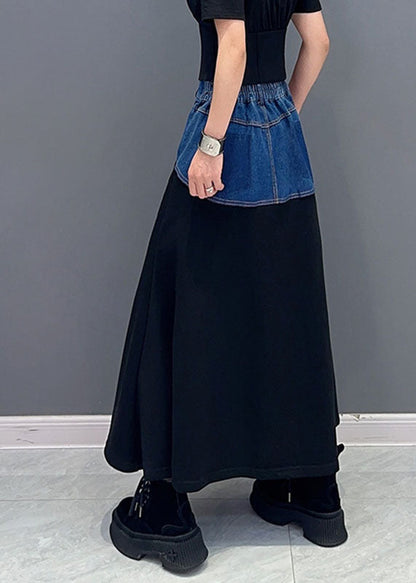 Blue Patchwork Black High Waist Denim Maxi Fish Tail Skirts