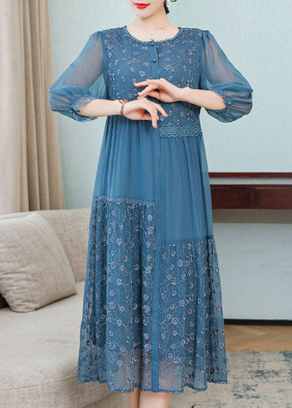 Blue Embroideried Patchwork Silk Dresses Spring