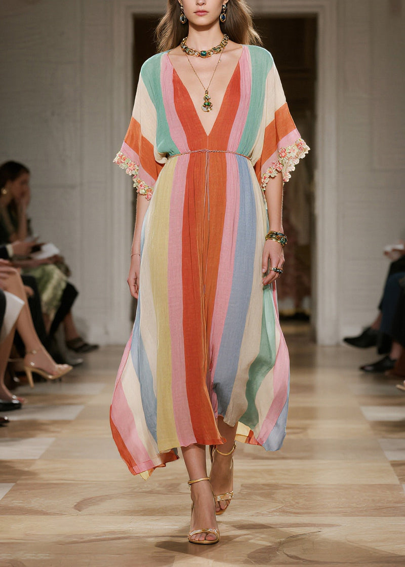 Rainbow V Neck Striped Cotton Maxi Dresses Summer