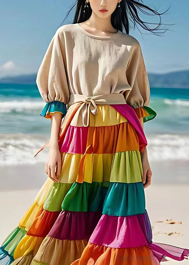 Beige Chiffon Patchwork Linen Dress Flare Sleeve