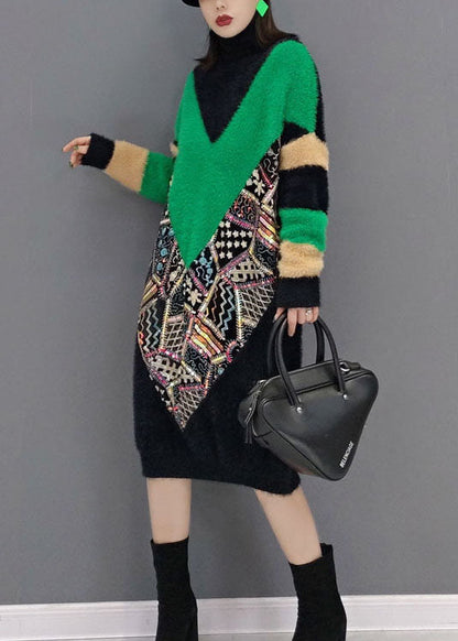 Classy Black Turtle Neck Print Thick Mink Velvet Dresses Spring
