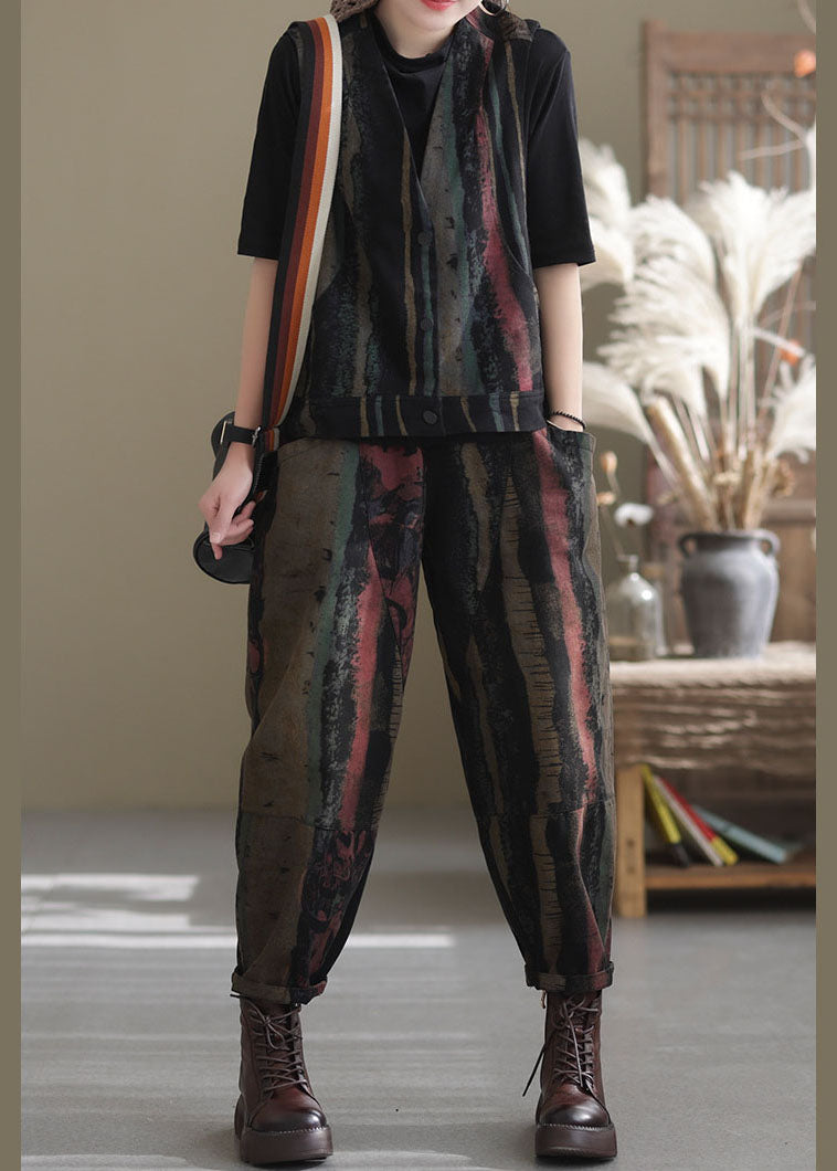 Black Print Vest Harem Pants Two Pieces Set Spring
