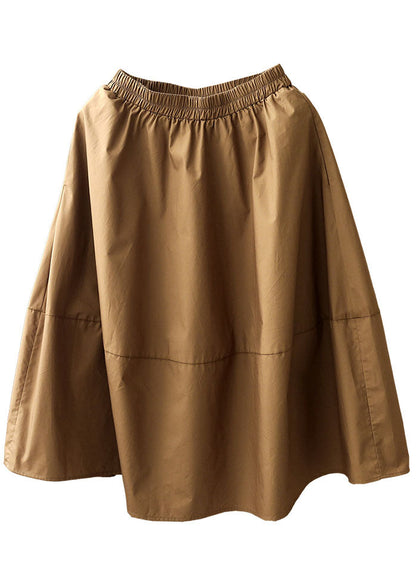 French Khaki Elastic Waist Pockets Patchwork Cotton a Line Skirts Summer