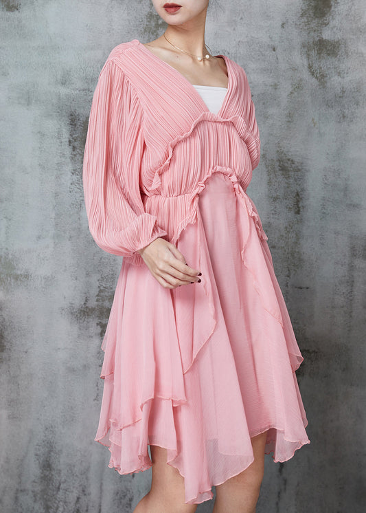 Pink Ruffled Wrinkled Chiffon Mid Dress Spring