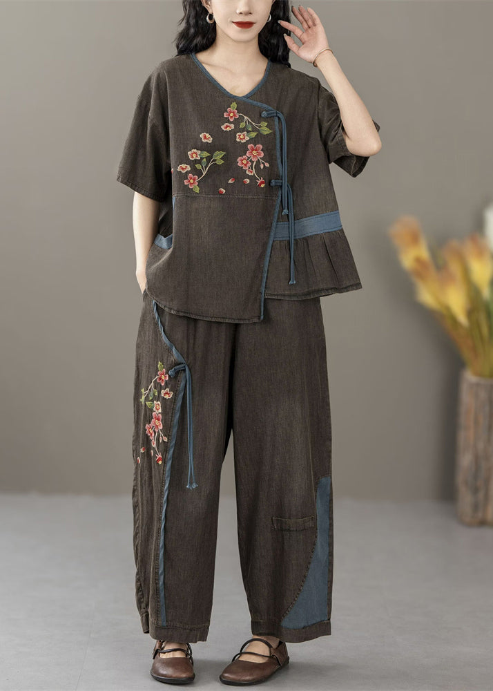 Black Pockets Patchwork Two Pieces Set Print Short Sleeve