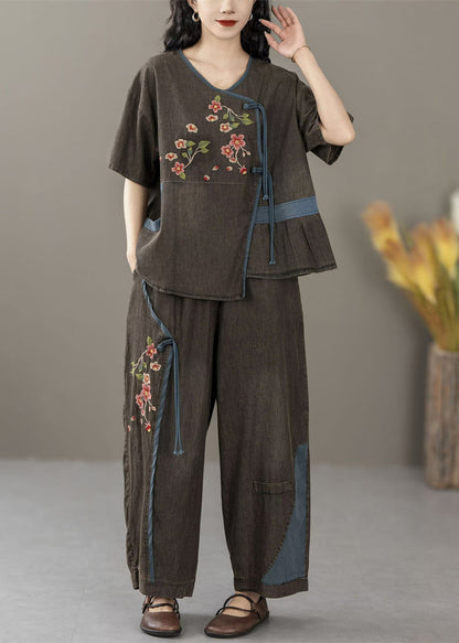 Black Pockets Patchwork Two Pieces Set Print Short Sleeve