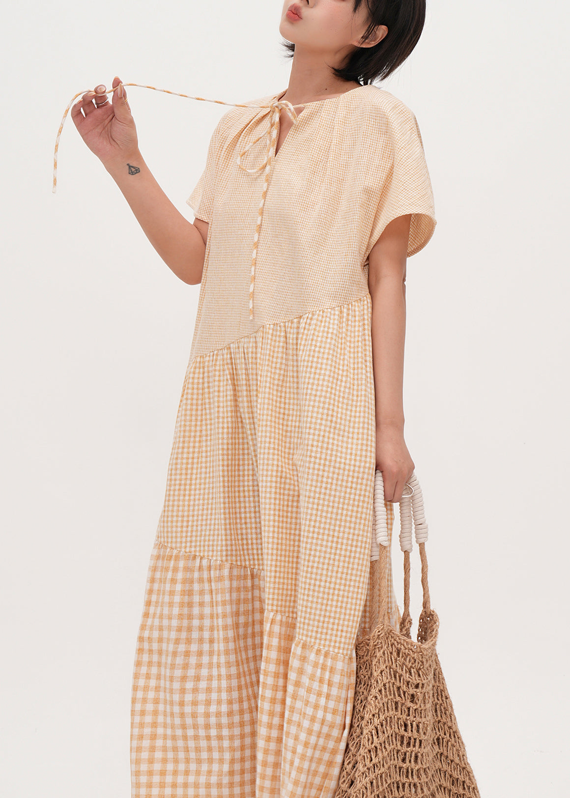 Beige Oversized Patchwork Plaid Cotton Dresses Summer