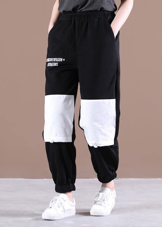 Natural Black Elastic Waist Patchwork Pants Summer Cotton