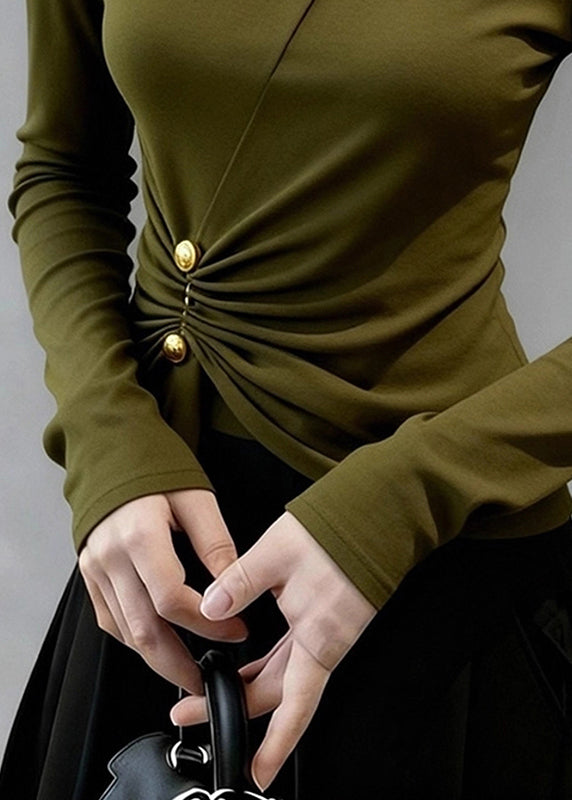 Slim Fit Green Original Design Wrinkled Cotton T Shirts Fall