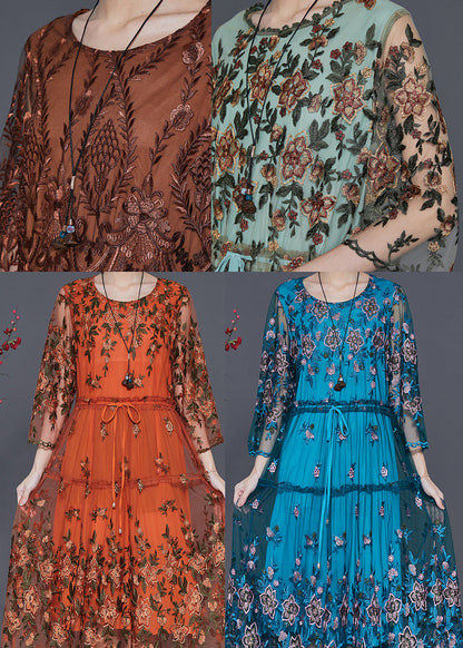 Blue Embroidered Tulle Cinched Dresses Summer