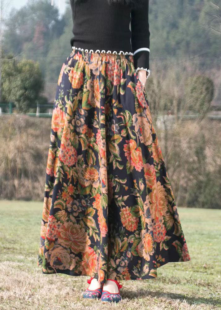 Print Wrinkled Elastic Waist Maxi Skirt