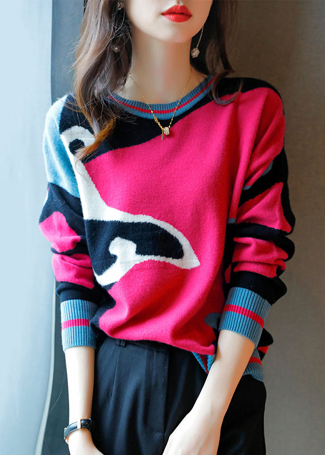 Rose O Neck Patchwork Cozy Wool Knit Sweaters Long Sleeve