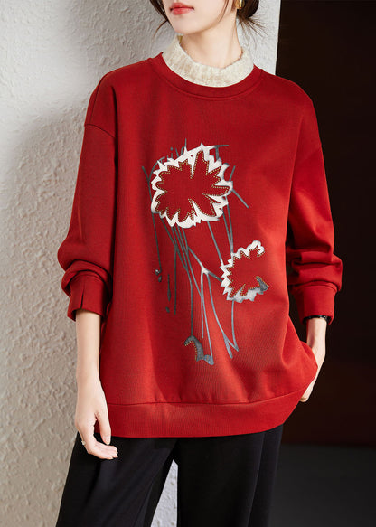 Red Turtleneck Patchwork Print Fake Two Pieces Fleece Sweatshirt Winter