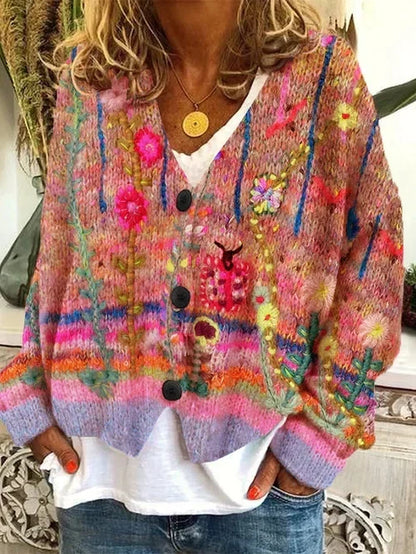 Wool Cardigan with Multi-Colored Floral Button Front