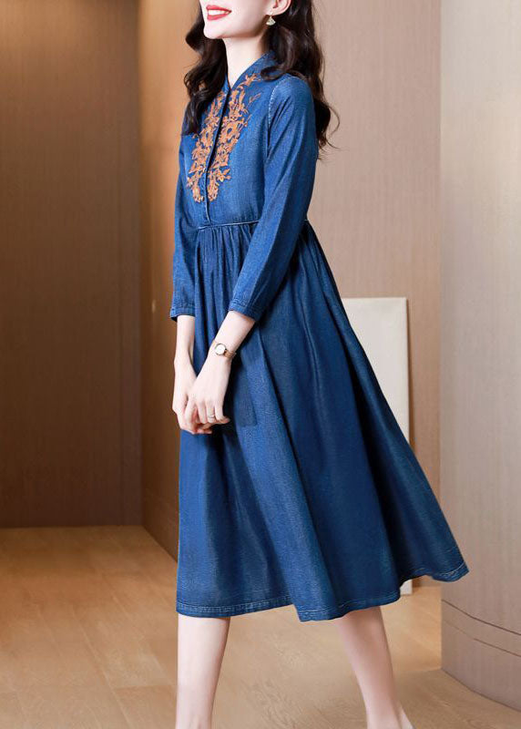 Blue Embroideried Exra Large Hem Cotton Denim Dress Bracelet Sleeve