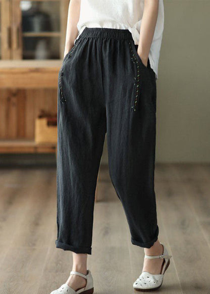 Black Pocketspatchwork Linen Pants Summer