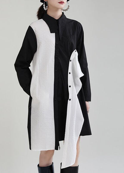 Black Asymmetrical Design Patchwork Fall Dresses Long Sleeve