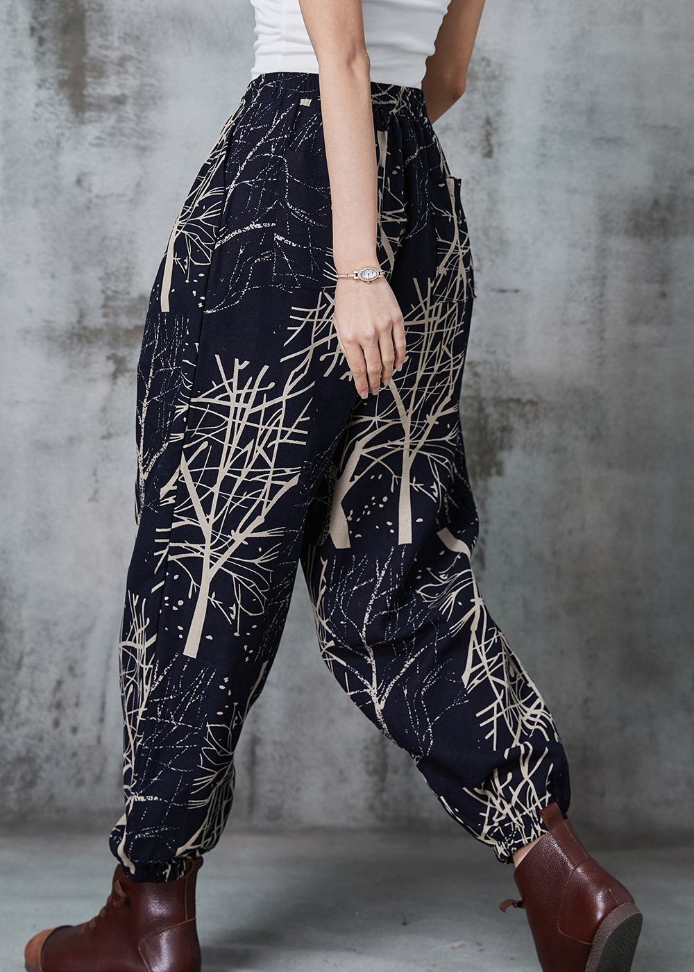 Black Oversized Print Cotton Harem Pants Spring