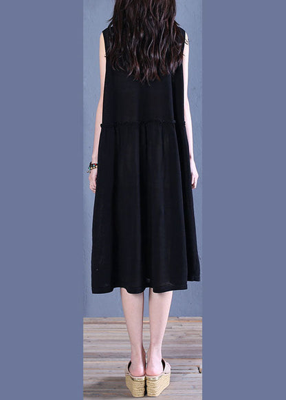 French Black Wrinkled Patchwork Linen Holiday Dress Sleeveless