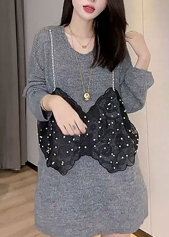 French Black O-neck Lace Patchwork Fake Two Pieces Knit Tops Fall