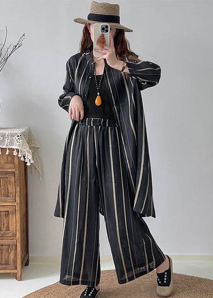 Black Oversized Striped Linen Silk Two Pieces Set Fall