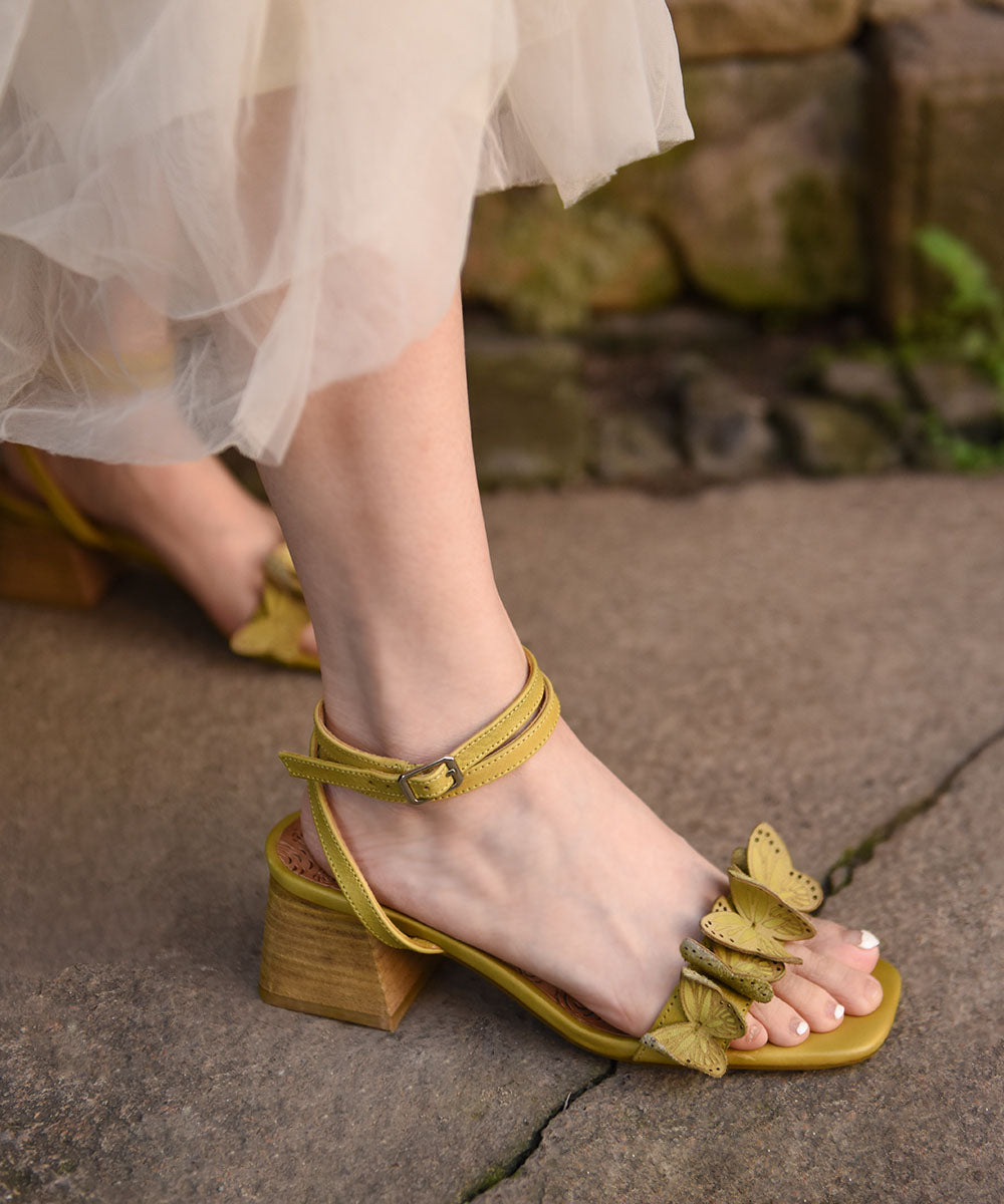 Green Butterfly Splicing Chunky Heel Sandals Peep Toe