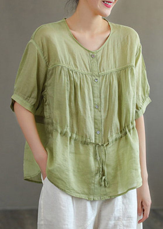 Boutique Orange O-neck Drawstring Button Linen Short Sleeve