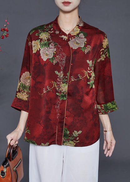 Red Print Silk Shirts Mandarin Collar Summer