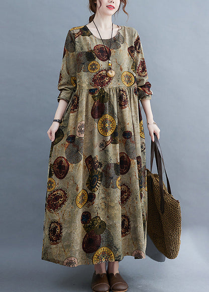 Chocolate O-neck Cinched Pockets Print Robe Dresses Long Sleeve