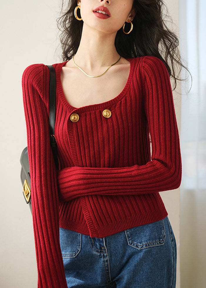 Red O Neck Double Breast Knit Cardigan Spring