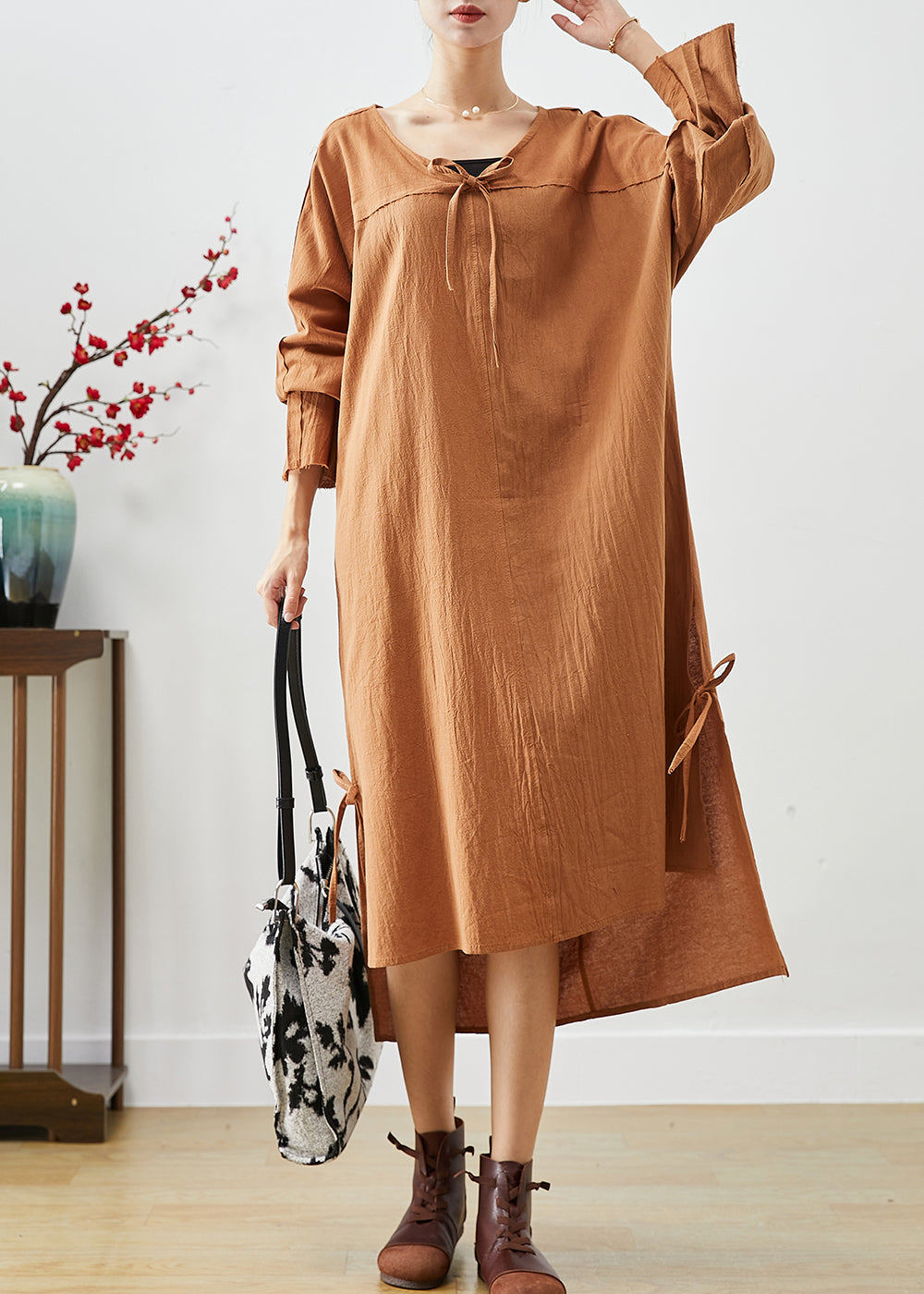 Diy Khaki Oversized Lace Up Linen Long Dress Fall