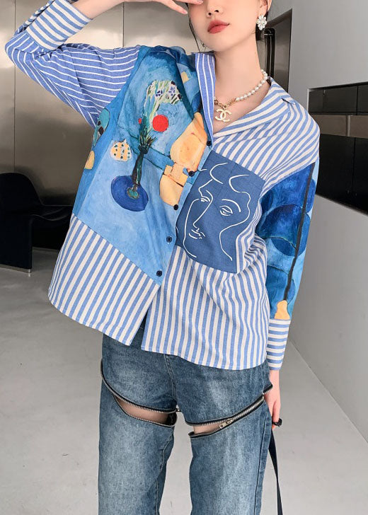 Blue Peter Pan Collar Striped Print Cotton Shirts Spring