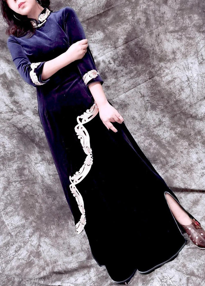 Blue Stand Collar Embroideried Asymmetrical Top and Wide Leg Pants Silk Velour Two Piece Set Spring