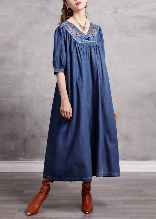 Blue V Neck Wrinkled Embroideried Cotton Party Dress Half Sleeve