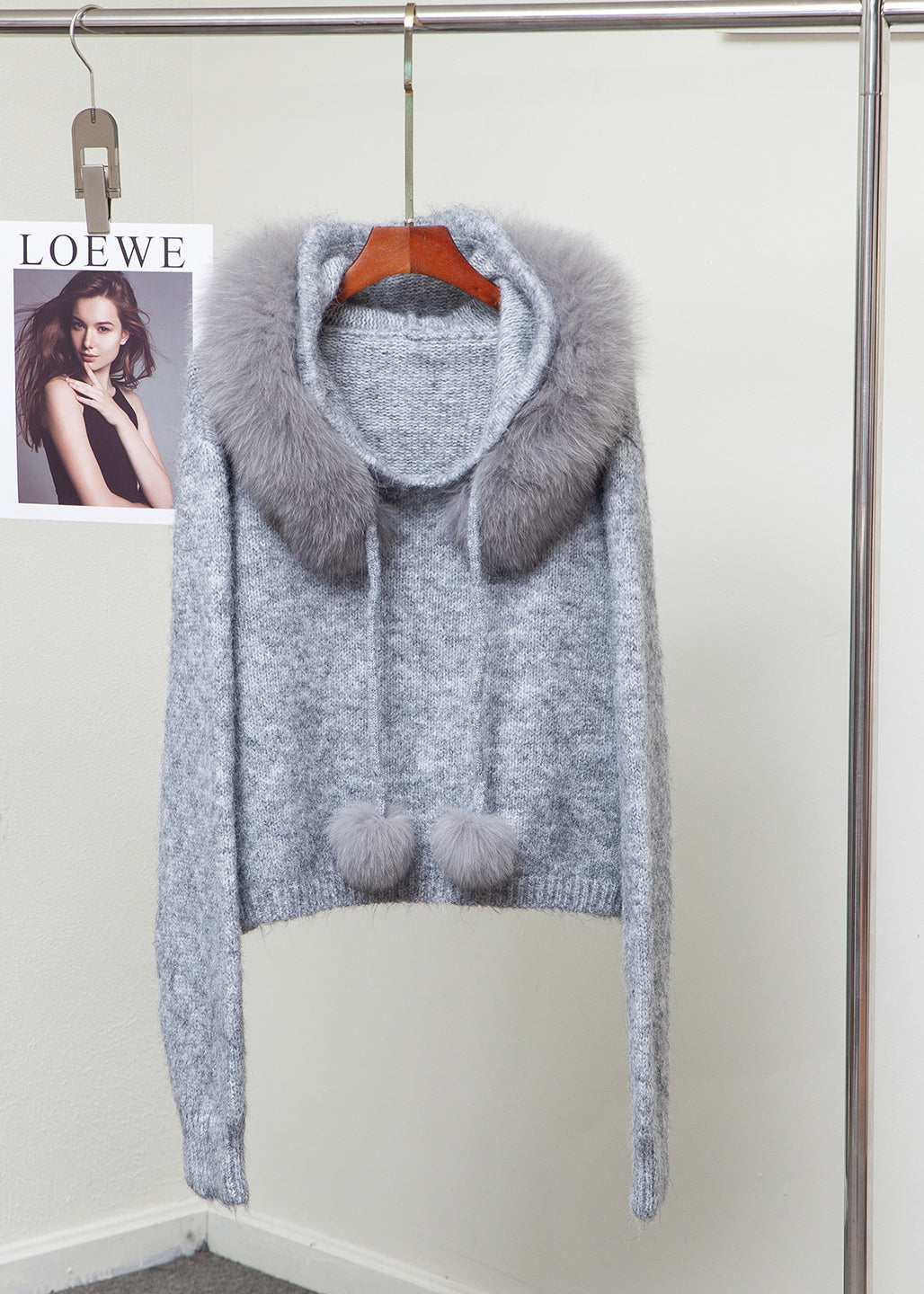 Fox Collar Fuzzy Ball Decorated Warm Knit Sweater Winter