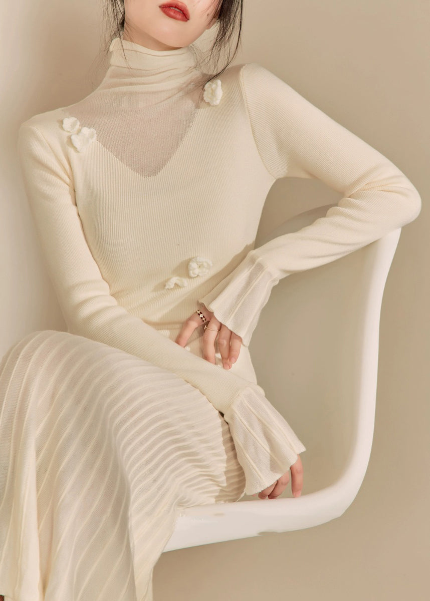 White Hign Neck Patchwork Slim Fit Knit Sweater Dress Fall