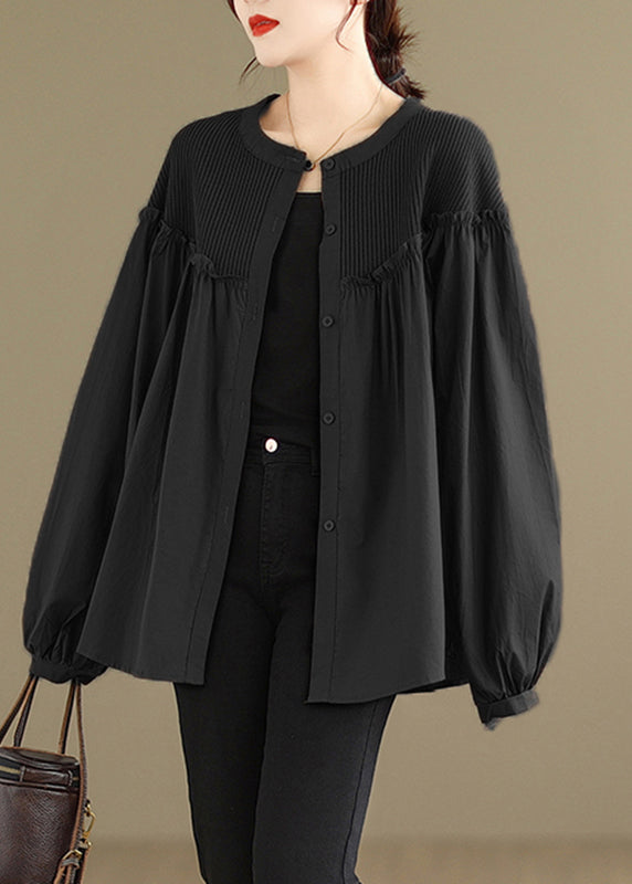 Black Ruffled Patchwork Button Top Spring