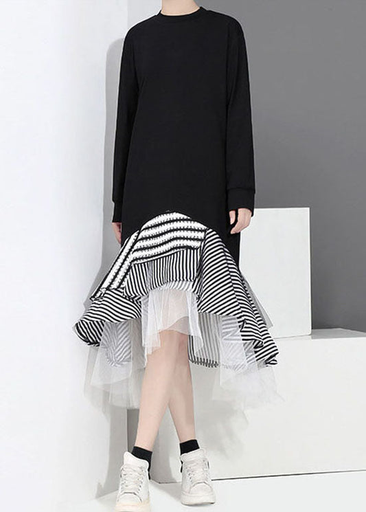 Black Tulle Patchwork Holiday Dress O-neck Ruffles Asymmetrical Spring