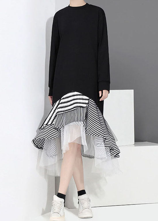 Black Tulle Patchwork Holiday Dress O-neck Ruffles Asymmetrical Spring