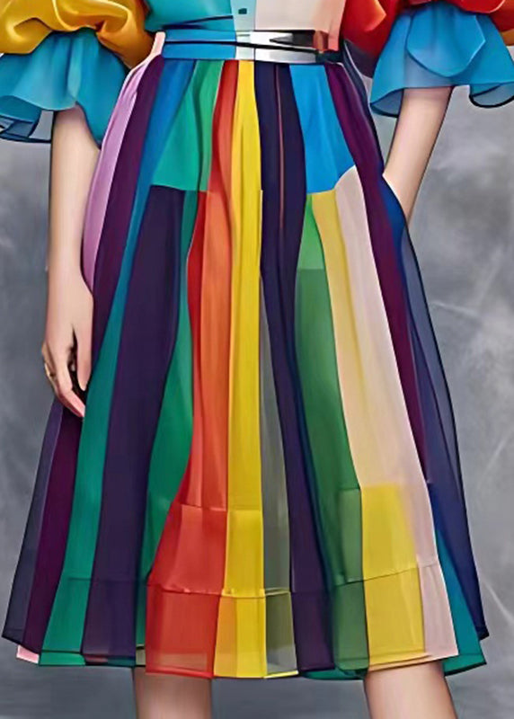 Rainbow Tie Waist Vacation Chiffon Long Dresses Summer