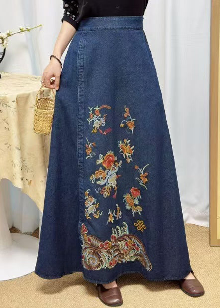 Blue Embroidered Denim a Line Skirt Summer