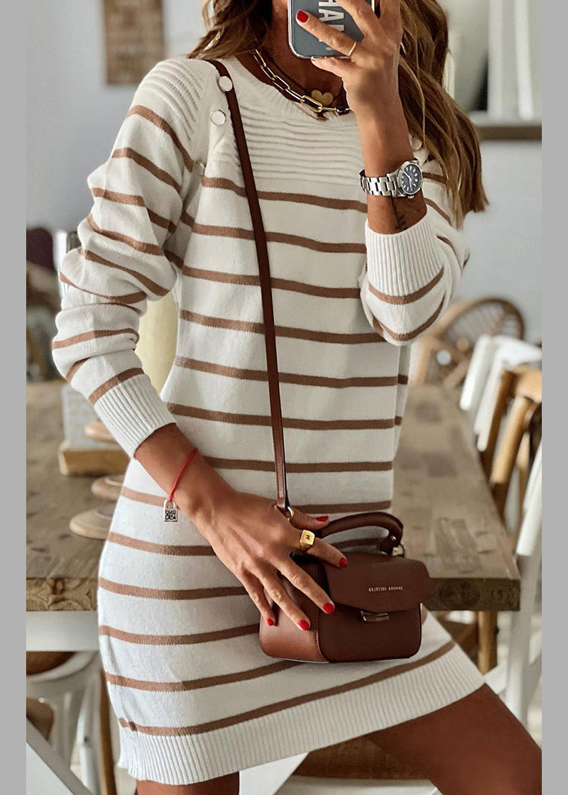 Striped O Neck Cozy Knit Mid Dress Fall