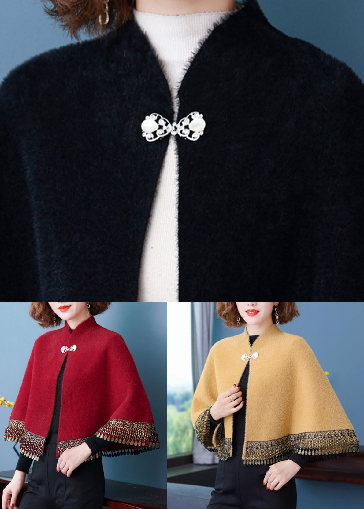 Wine Red Stand Collar Tasseled Button Patchwork Mink Velvet Coats Fall